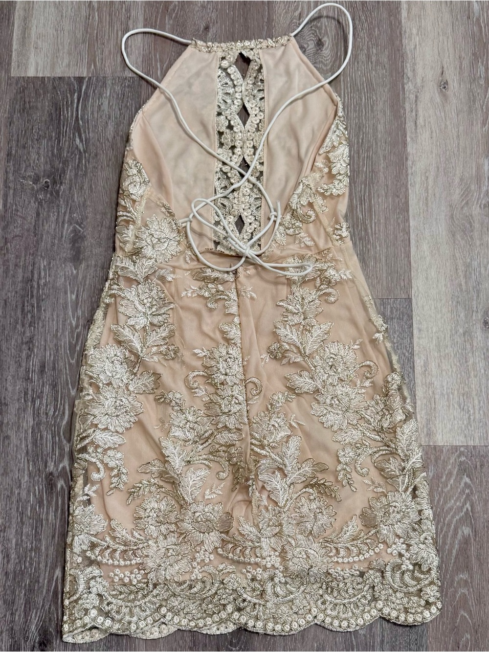Gold Embellished Halter Mini Dress in Champagne - Size Small - Picture 4 of 7